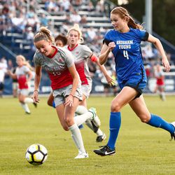 BYU's Brittain Steiner drives the ball past Ohio State's Sarah Roberts. The game between BYU and Ohio State ended in a scoreless draw at South Field on August 21, 2017.