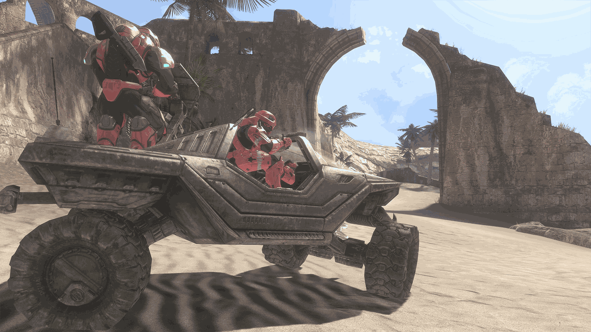 An image from Halo 3 multiplayer, with two players in a Warthog vehicle
