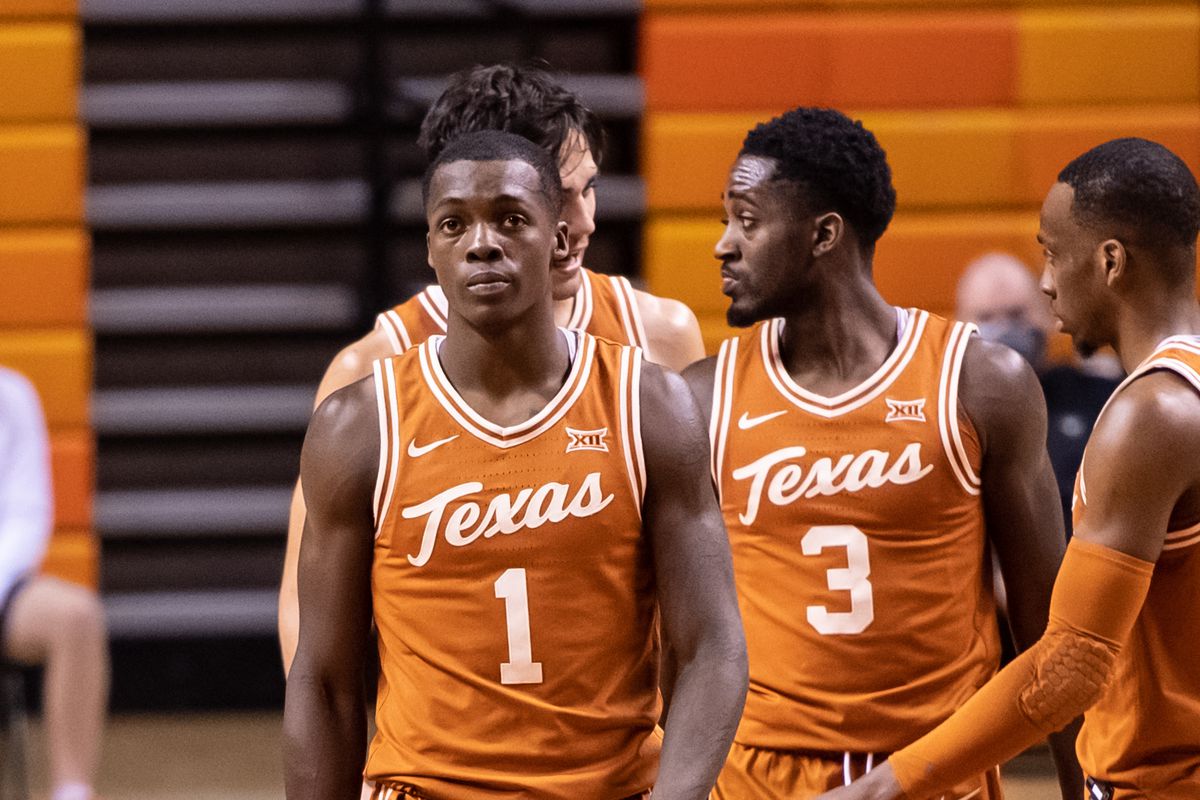 Texas Longhorns guard Andrew Jones reacts after a foul during the second OT against the Oklahoma State Cowboys at Gallagher-Iba Arena.