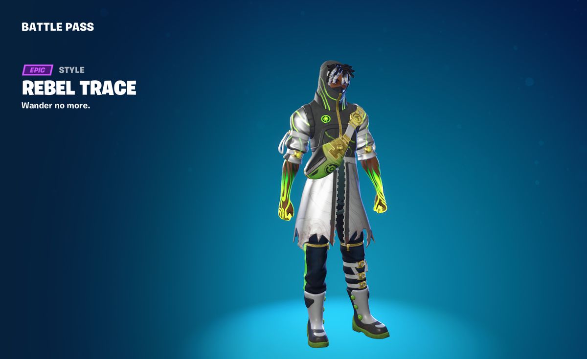 Rebel Trace, instead in a black and white hooded jacket with glowing green arms in Fortnite