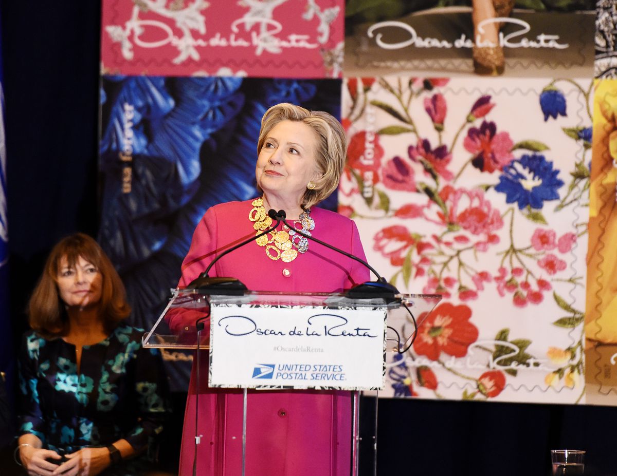 Former United States Secretary of State Hillary Clinton attends the Oscar de la Renta Forever Stamp First-Day-Of-Issue Stamp Dedication Ceremony at Grand Central Terminal on February 16, 2017 in New York City.
