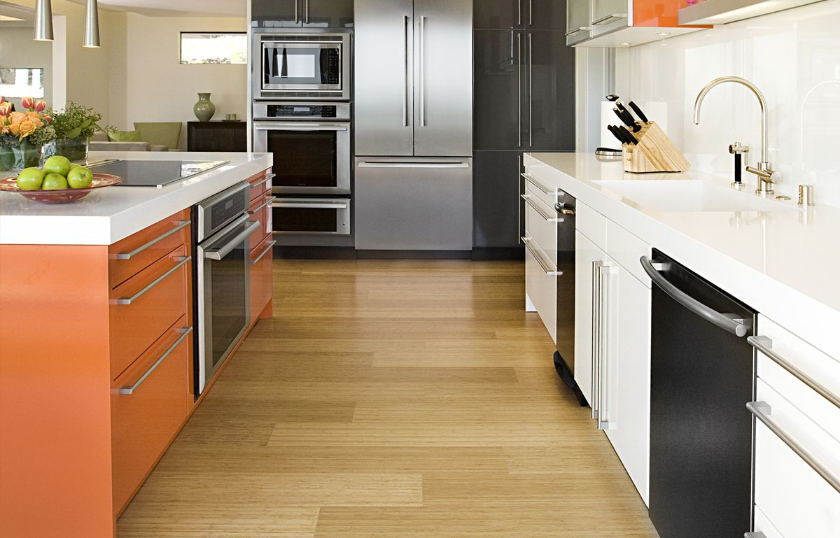 Edge Grain Prefinished Flooring in Natural Bamboo In Mid-Century Modern Kitchen
