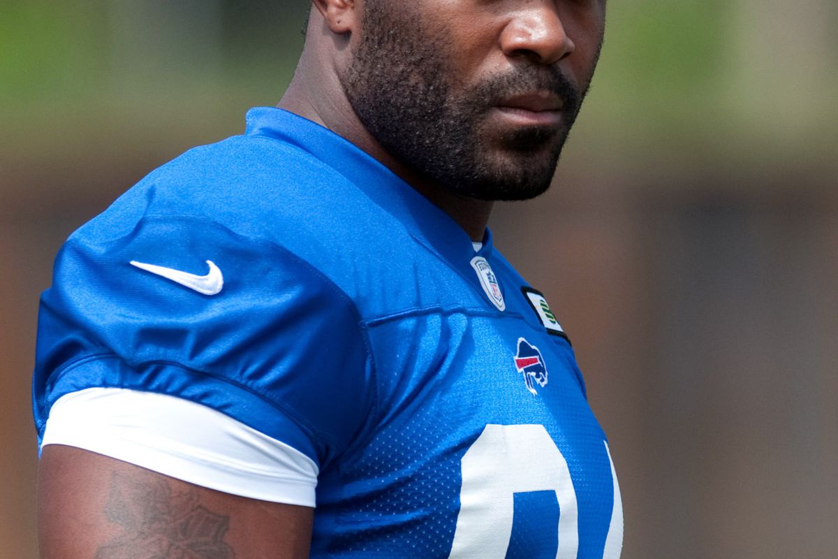 July 27, 2012; Pittsford, NY, USA; Buffalo Bills defensive end Mario Williams (94) during training camp practice at St. John Fisher College.   Mandatory Credit: Mark Konezny-US PRESSWIRE