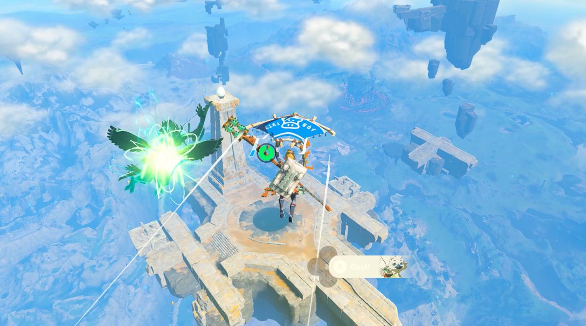 Link paraglides down to an island in the Gerudo Highlands Sky region in Zelda: Tears of the Kingdom