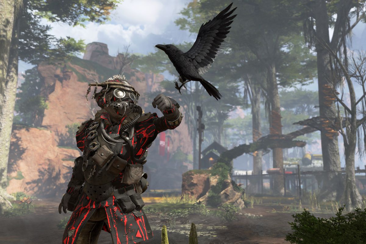 A soldier named Bloodhound looks to his raven in a screenshot from Apex Legends.