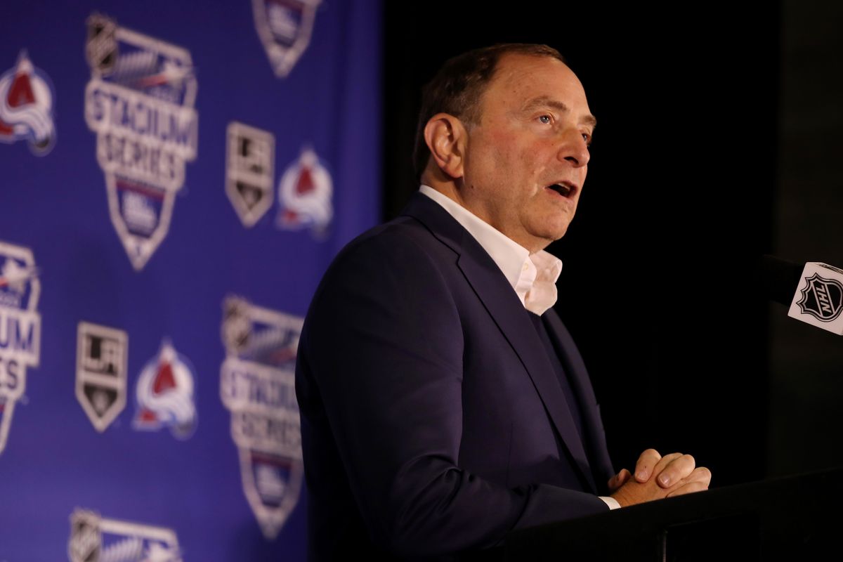 NHL Commissioner Gary Bettman addresses the media announcing the 2020 Navy Federal Credit Union NHL Stadium Series at Falcon Stadium on October 10, 2019 in Colorado Springs, Colorado.