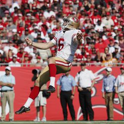 San Francisco 49ers punter Mitch Wishnowsky (6) punts the ball against the Tampa Bay Buccaneers during the first half an NFL football game, Sunday, Sept. 8, 2019, in Tampa, Fla.