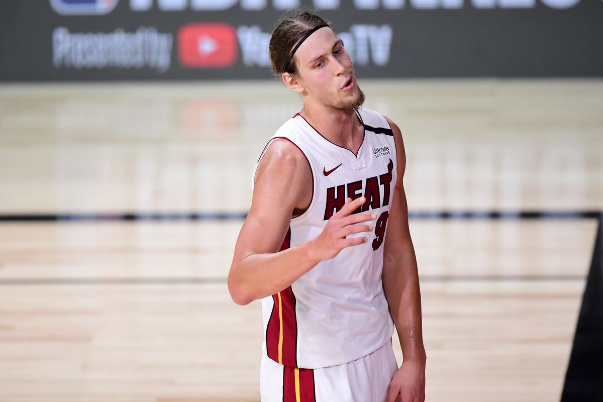 Kelly Olynyk of the Miami Heat reacts during the second half against the Los Angeles Lakers in Game Two of the 2020 NBA Finals at AdventHealth Arena at ESPN Wide World Of Sports Complex on October 02, 2020 in Lake Buena Vista, Florida.