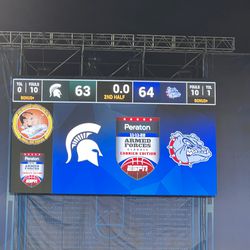 The final score is displayed on the video screen following the end of the Michigan State-Gonzaga matchup, Nov. 11, 2022