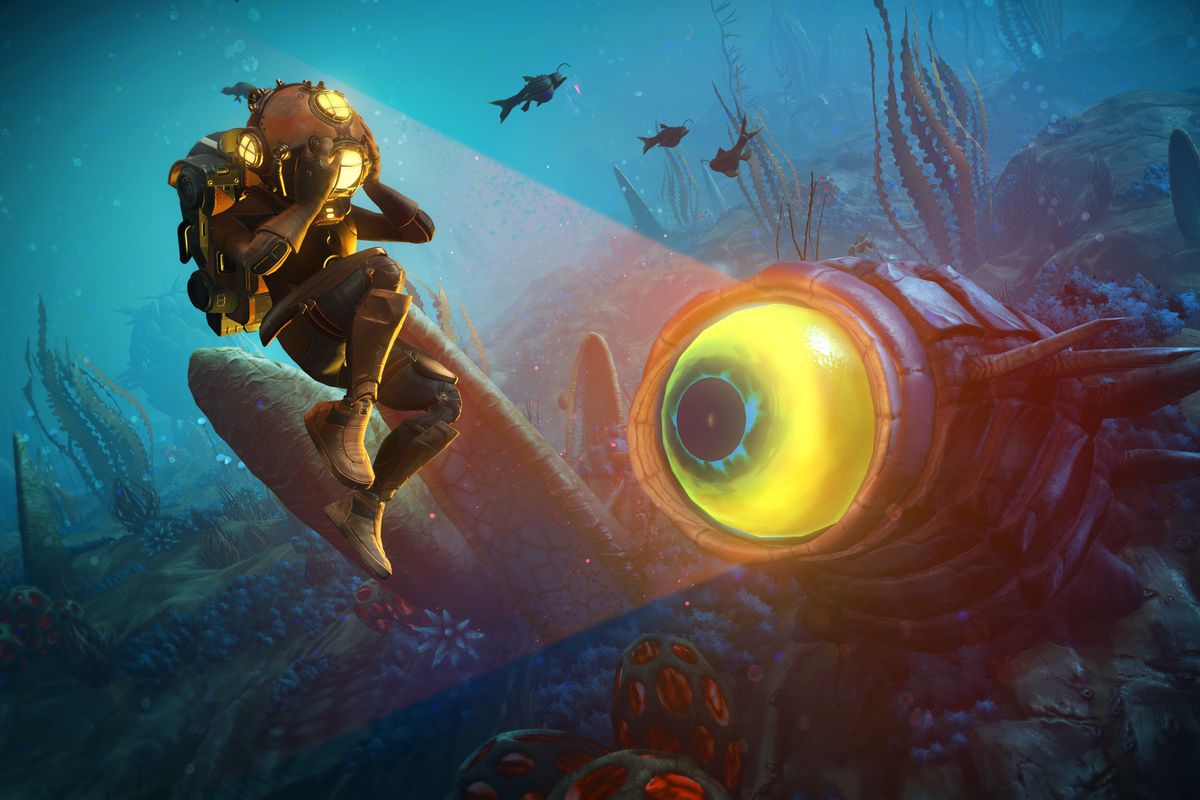 A space explorer swims underwater near a one-eyed alien creature in a screenshot from No Man’s Sky