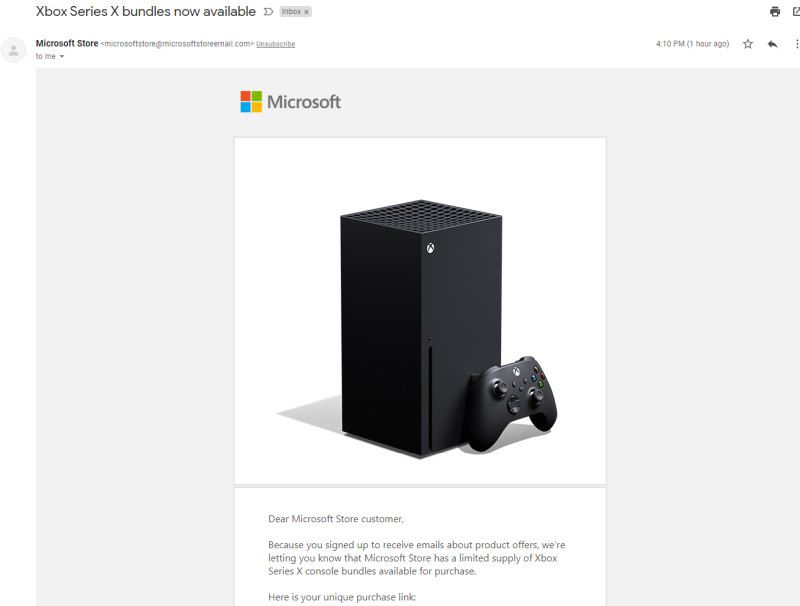 Microsoft is emailing out links to buy an Xbox Series X bundle from its online store