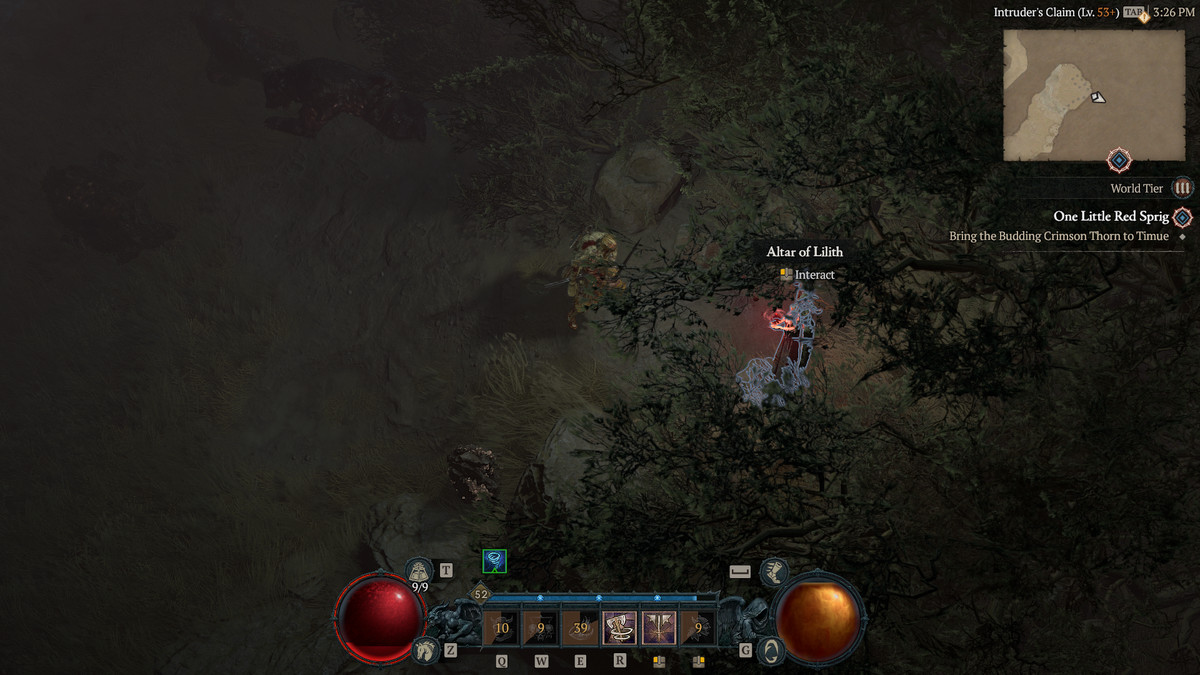 A screenshot of a Barbarian finding the 7th Altar of Lilith in Hawezar in Diablo 4