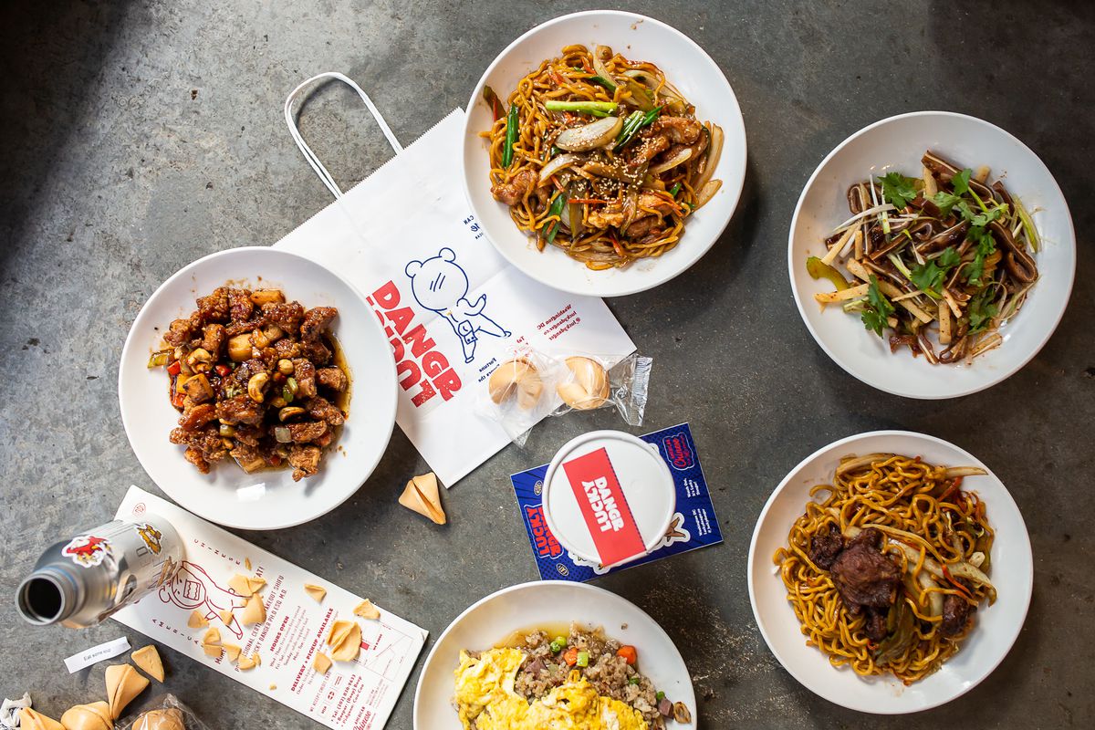 American Chinese dishes from Lucky Danger include cashew chicken, left, lo mein, pig ear salad, and confit duck fried rice.