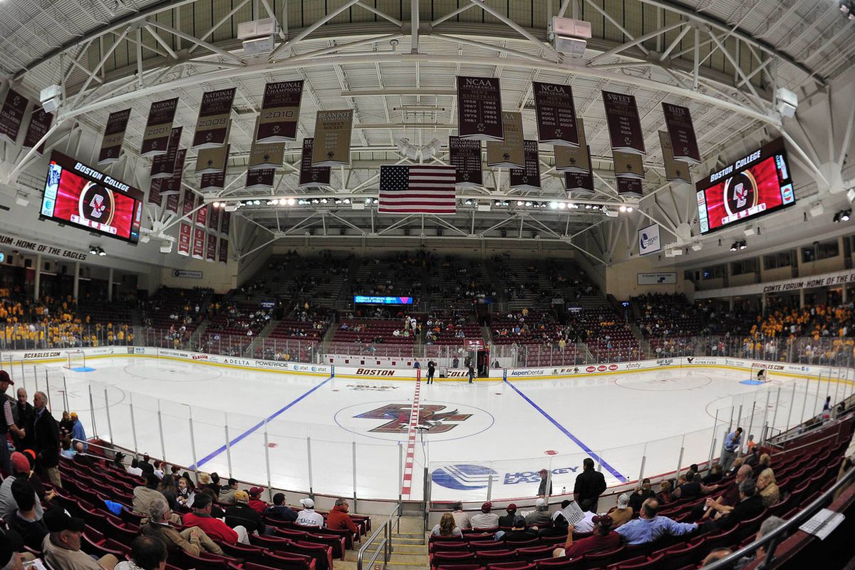 October 14, 2011; Boston MA, USA; A general view of Conte Forum on the campus of Boston College prior to a game between the Boston College Eagles and University of Denver Pioneers. Mandatory Credit: Andrew B. Fielding-US PRESSWIRE