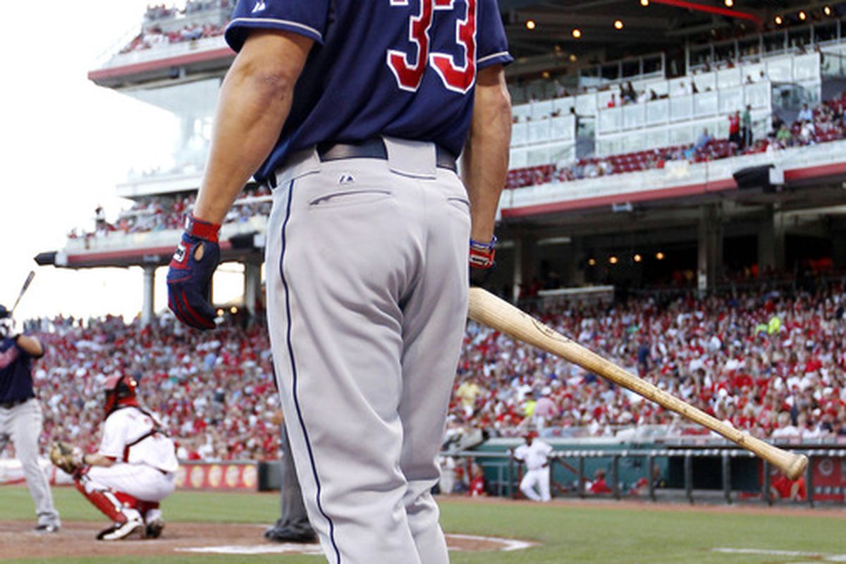 Jun 12, 2012; Cincinnati, OH, USA; Cleveland Indians left fielder Johnny Damon (33) stand in the on-deck circle during the fourth inning against the Cincinnati Reds at Great American Ball Park. Mandatory Credit: Frank Victores-US PRESSWIRE