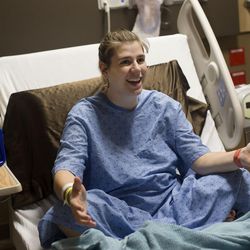 Lizzy Baird talks about giving birth to her twins 11 days apart while recuperating at Utah Valley Hospital in Provo on Thursday, Dec. 1, 2016.