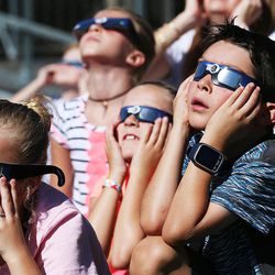 Students at Crestview Elementary in Salt Lake City watch the eclipse on Monday, Aug. 21, 2017.