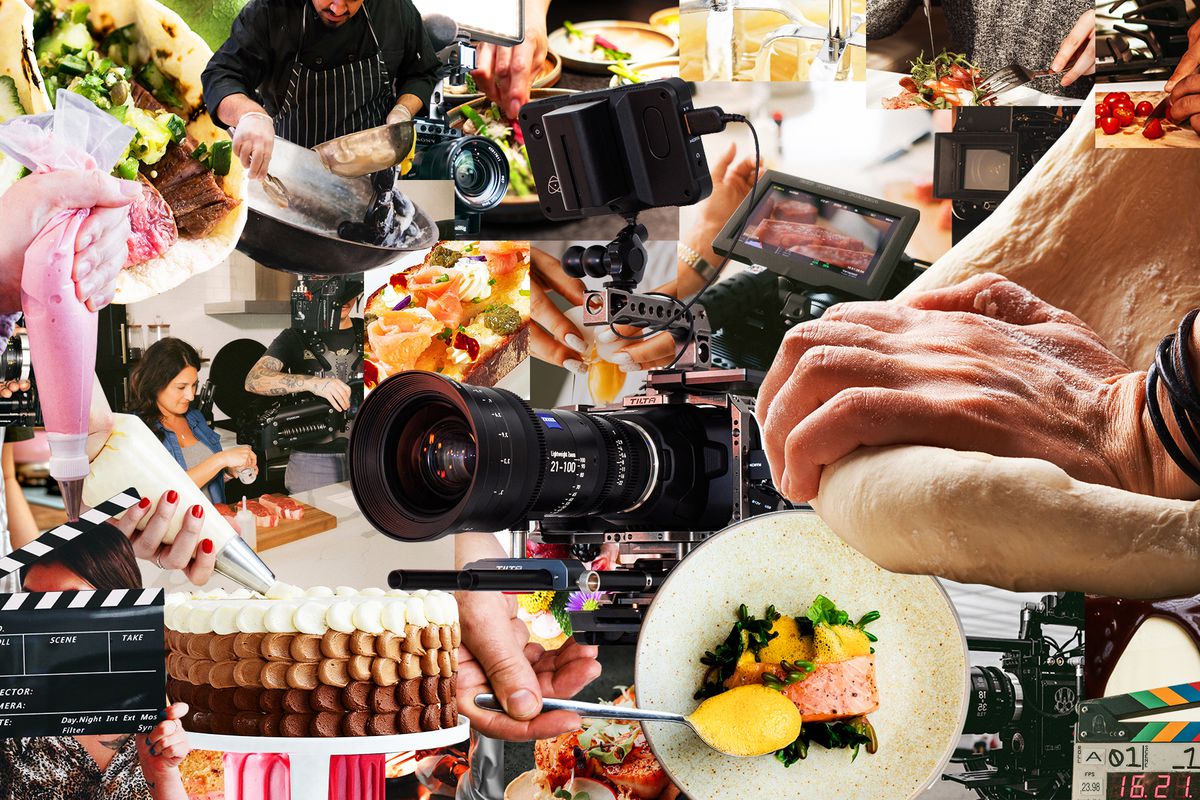 Photo collage of scenes of food being prepared and cameras.