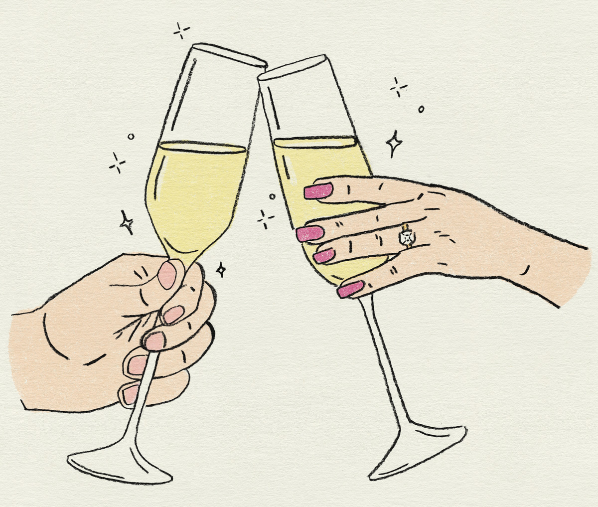 Two hands holding flutes of Champagne and toasting.