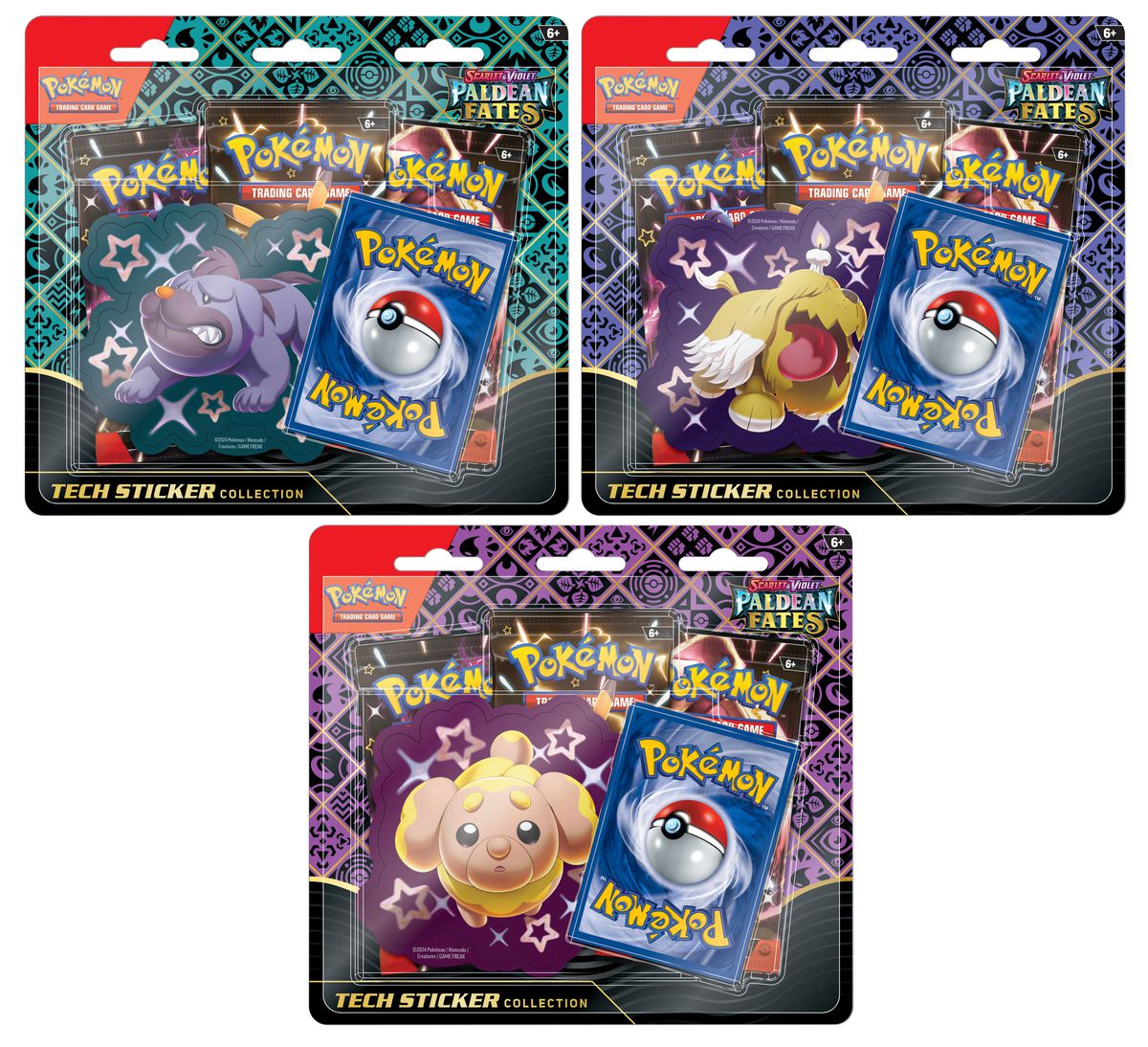 Three Pokémon TCG blister packs with Paldean Fates packs and large stickers inside.