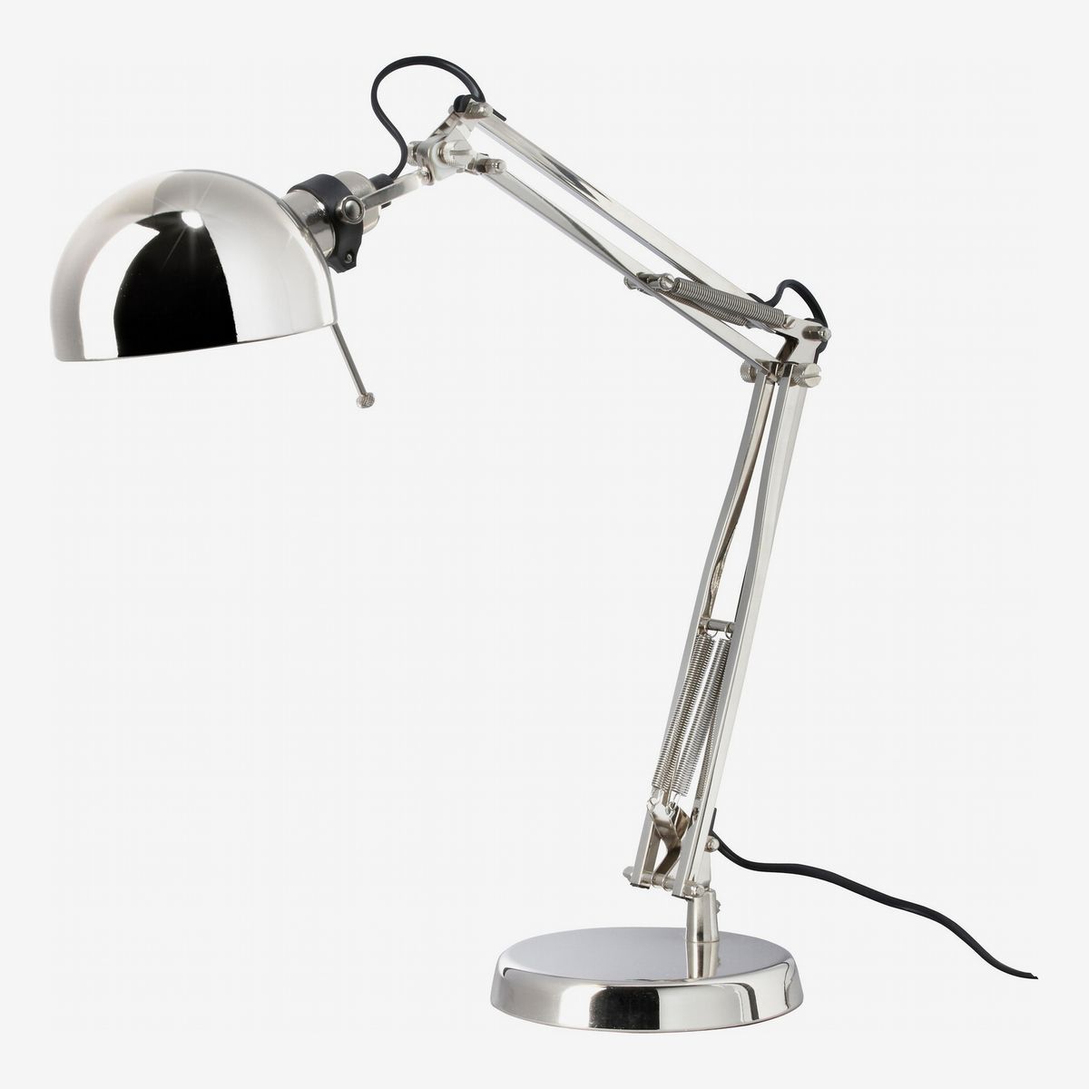 Chrome-plated lamp with cup-shaped shade.