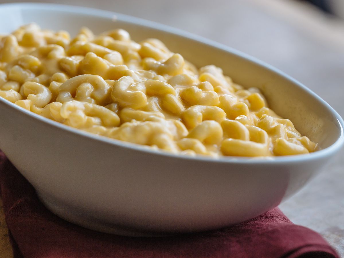 Macaroni and cheese in a bowl from Eatzi’s Market &amp; Bakery.