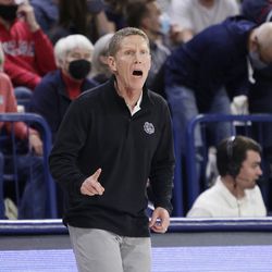 Gonzaga head coach Mark Few directs his team during the first half of an NCAA college basketball game against BYU, Thursday, Jan. 13, 2022, in Spokane, Wash. 