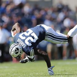 Brigham Young Cougars running back Squally Canada (22) runs for yardage against the Portland State Vikings in Provo on Saturday, Aug. 26, 2017. BYU won 20-6.
