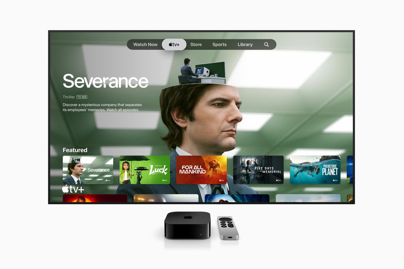Apple’s new Apple TV 4K box, the Siri remote with a USB-C charging port, and a picture of the Apple TV UI.