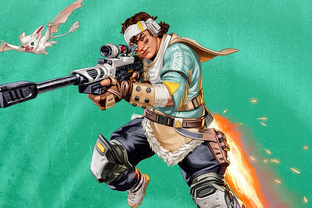 Artwork of Apex Legends’ newest character, Vantage, aiming her sniper rifle while pet bat Echo flies nearby