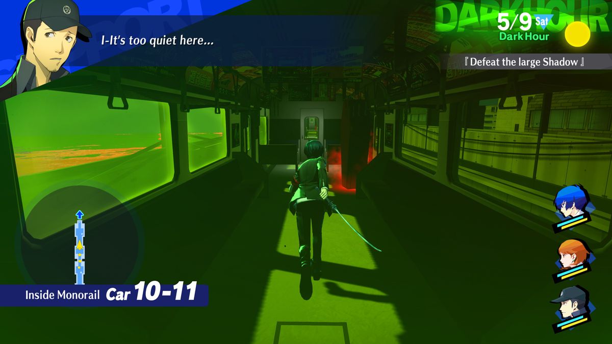 Persona 3’s male protagonist runs down a train car as it speeds along the tracks. A glowing coffin sits in the train car as well.