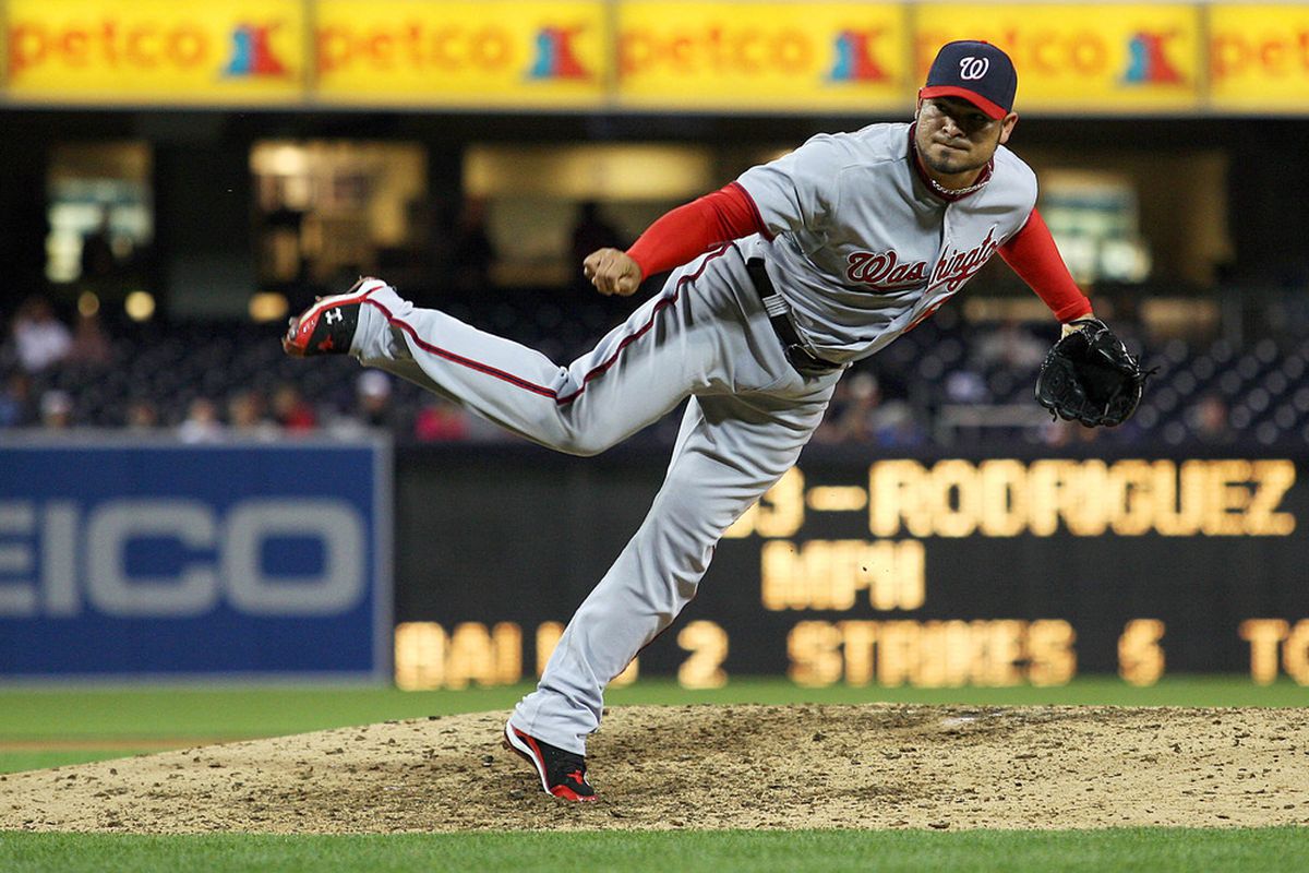 Apr 24, 2012; San Diego, CA, USA; Washington Nationals relief pitcher Henry Rodriguez (63) pitches during the ninth inning against the San Diego Padres at PETCO Park.  Mandatory Credit: Jake Roth-US PRESSWIRE