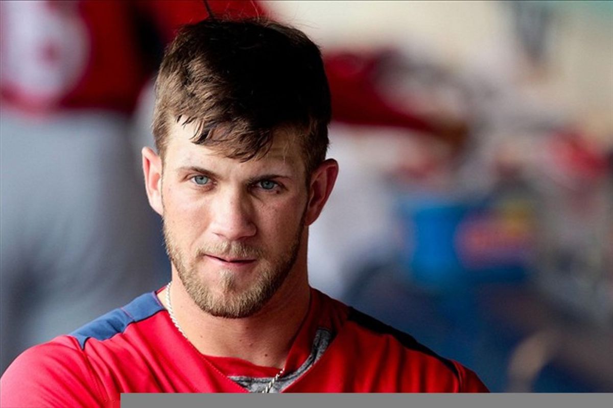 March 6, 2012; Lake Buena Vista, FL, USA; Washington Nationals right fielder Bryce Harper (34) in the dugout in the sixth inning of the game against the Atlanta Braves at Champion Stadium. Mandatory Credit: Daniel Shirey-US PRESSWIRE