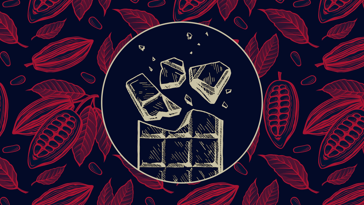 Line illustration of a broken-up chocolate bar inset on a background of line-drawn cacao pods.