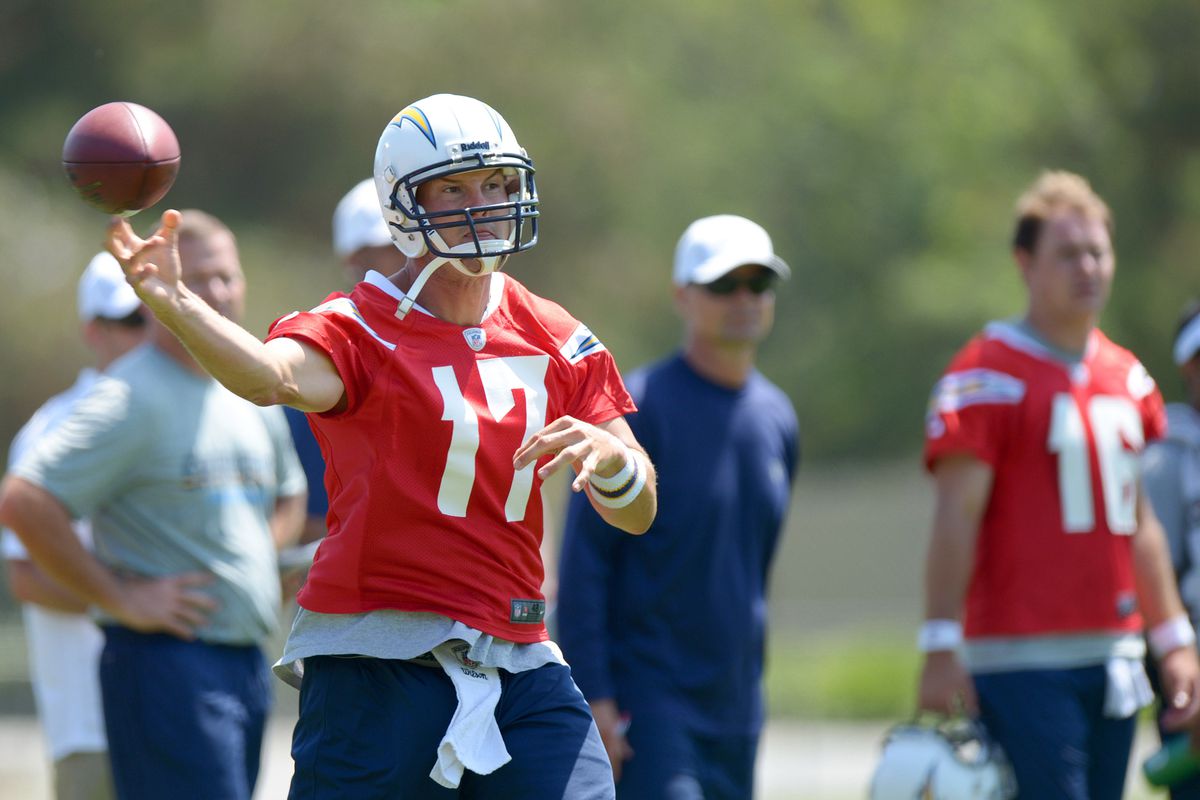 July 23, 2012; San Diego, CA, USA; San Diego Chargers quarterback Philip Rivers (17) throws a pass during training camp as quarterback Jarrett Lee (16) looks on at Charger Park. Mandatory Credit: Jake Roth-US PRESSWIRE