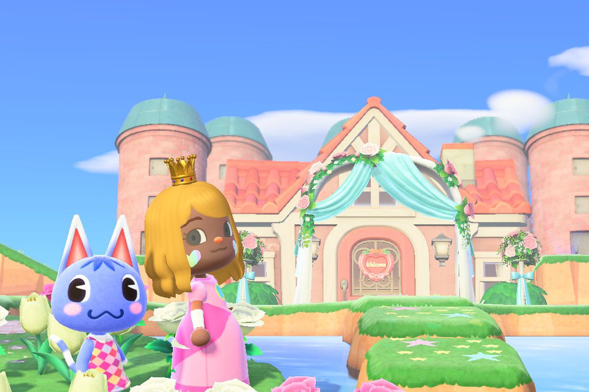 An Animal Crossing villager dressed as Princess Peach stands in front of a pink castle.