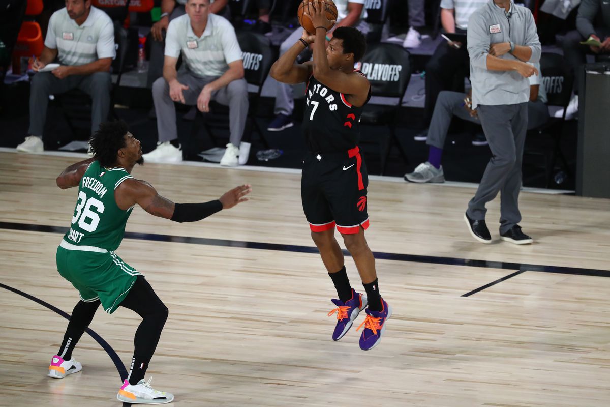 Toronto Raptors guard Kyle Lowry (7) shoots a three pointer against the Boston Celtics guard Marcus Smart (36) in the second half in game six of the second round of the 2020 NBA Playoffs at ESPN Wide World of Sports Complex.&nbsp;