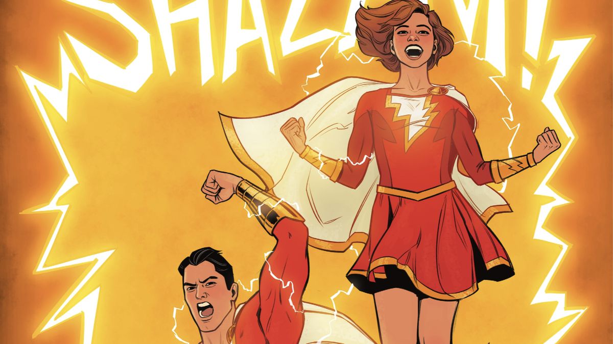 Billy Batson/Shazam and his sister Mary shout shazam and pose dramatically surrounded by lightning in Lazarus Planet #4: Revenge of the Gods (2023).