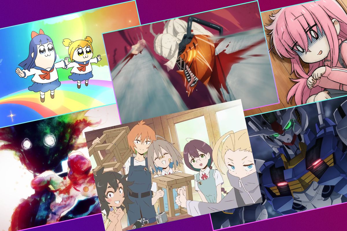 A six-panel header image featuring scenes from several anime that have premiered in 2022, including (L-R, Top to Bottom): Pop Team Epic season 2, Chainsaw Man, Bocchi the Rock, Mob Psycho 100 III, Do It Yourself!, and Mobile Suit Gundam: The Witch from Mercury.  