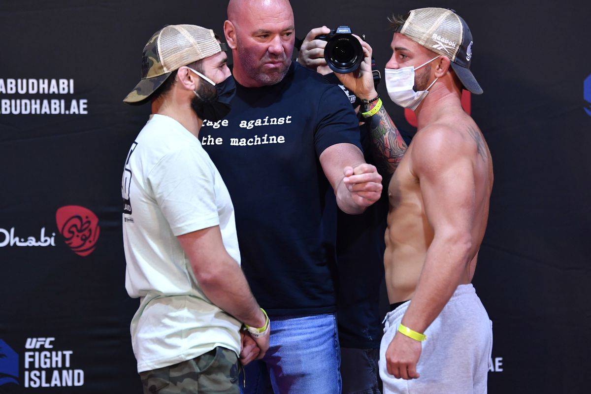 Opponents Jimmie Rivera and Cody Stamann face off during the UFC Fight Night weigh-in inside Flash Forum on UFC Fight Island on July 14, 2020 in Yas Island, Abu Dhabi, United Arab Emirates.