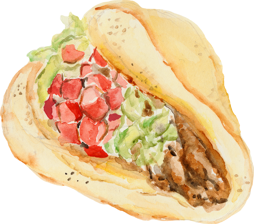 Watercolor painting of a puffy taco with tomatoes and lettuce.