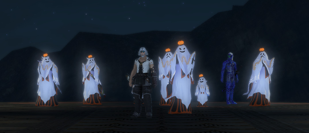 All but one character in a full party wear bed-sheet ghost costumes in Final Fantasy 14