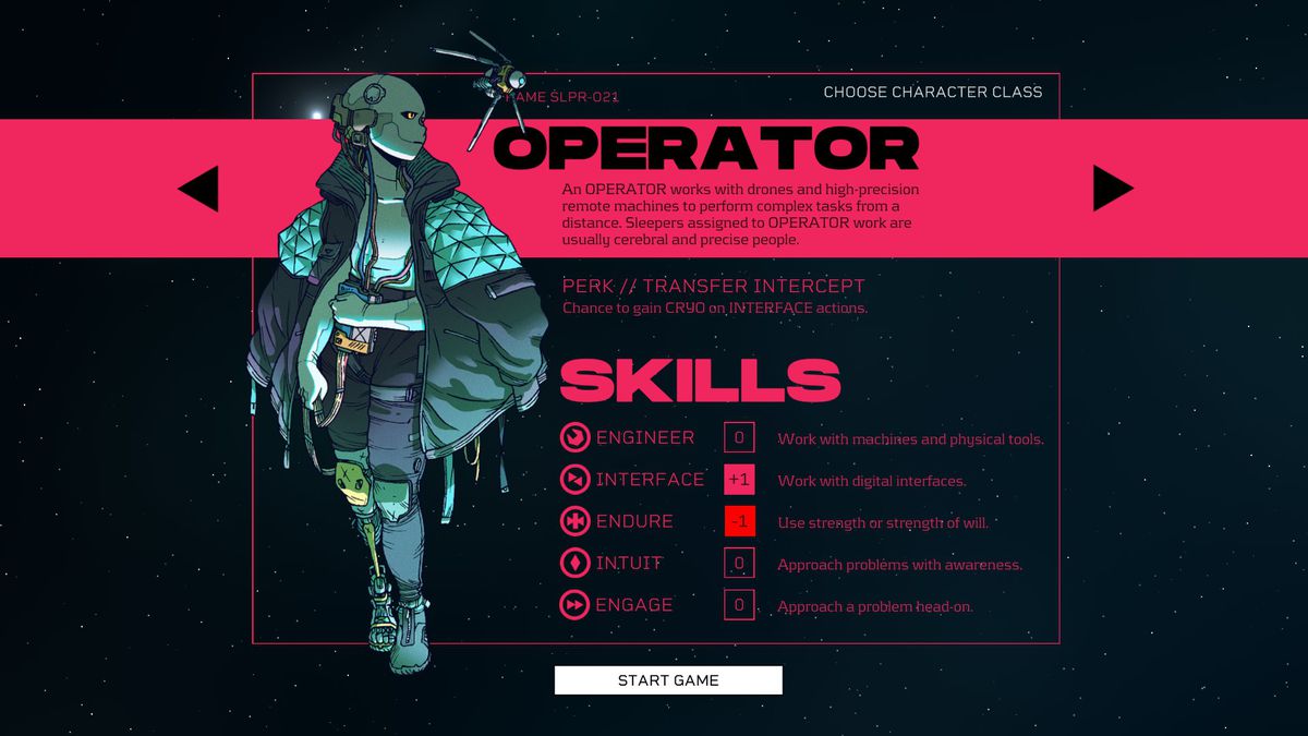 The Operator character page in Citizen Sleeper