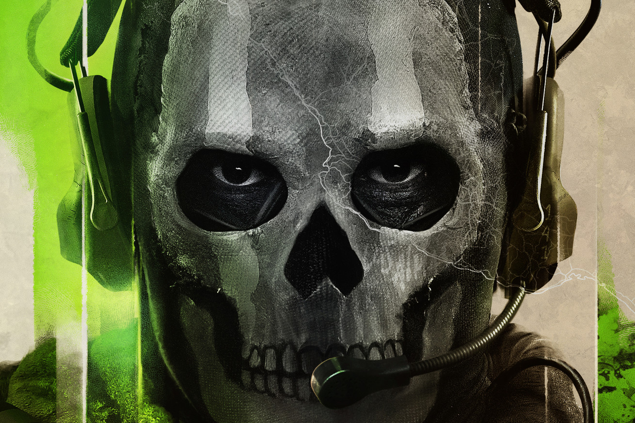 Key art from Modern Warfare II featuring a close up of Simon “Ghost” Riley, a soldier in a tactical skull mask wearing headphones and eyeblack