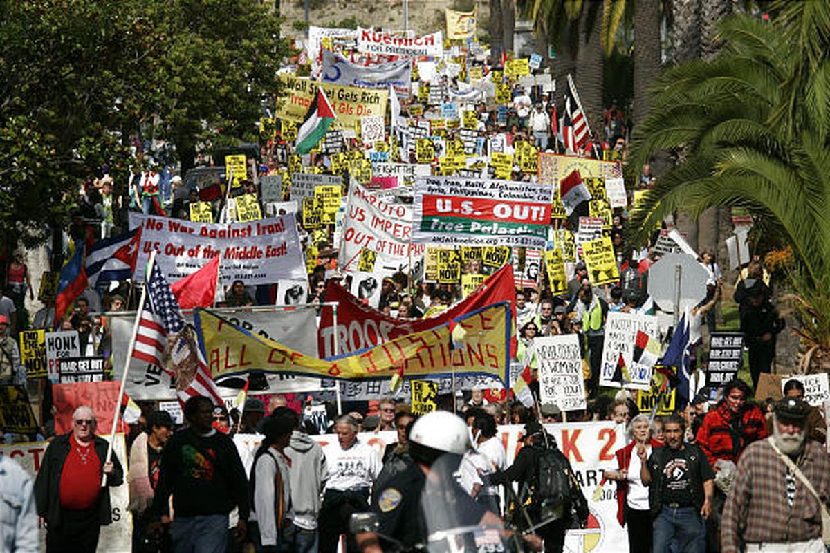Thousands of protesters march down Dolores Street from City Hall in San Francisco on Saturday, demanding an end to the Iraq war. Other cities also had protests, but San Francisco's was the largest.