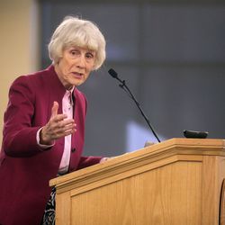 Pamela Atkinson speaks during a symposium titled “Protecting Faith Based Communities from Targeted Violence” at the University of Utah in Salt Lake City on Wednesday, Sept. 25, 2019.