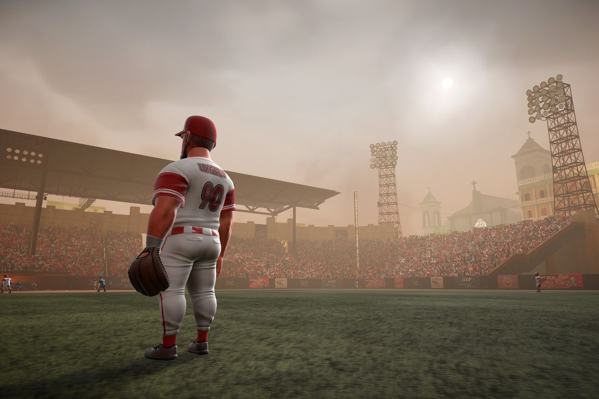 a shot of the player Hammer Longballo standing in the outfield during a cloudy game with hazy skies in Super Mega Baseball 3