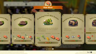 En skärmdump av receptboken i Zelda: Tårar från kungariket som belyser det varaktiga Fried Wild Greens -receptet
