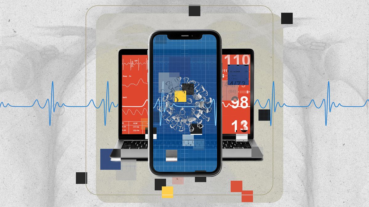 Graphic illustration featuring a collage of a mobile phone, laptop and various medial readouts