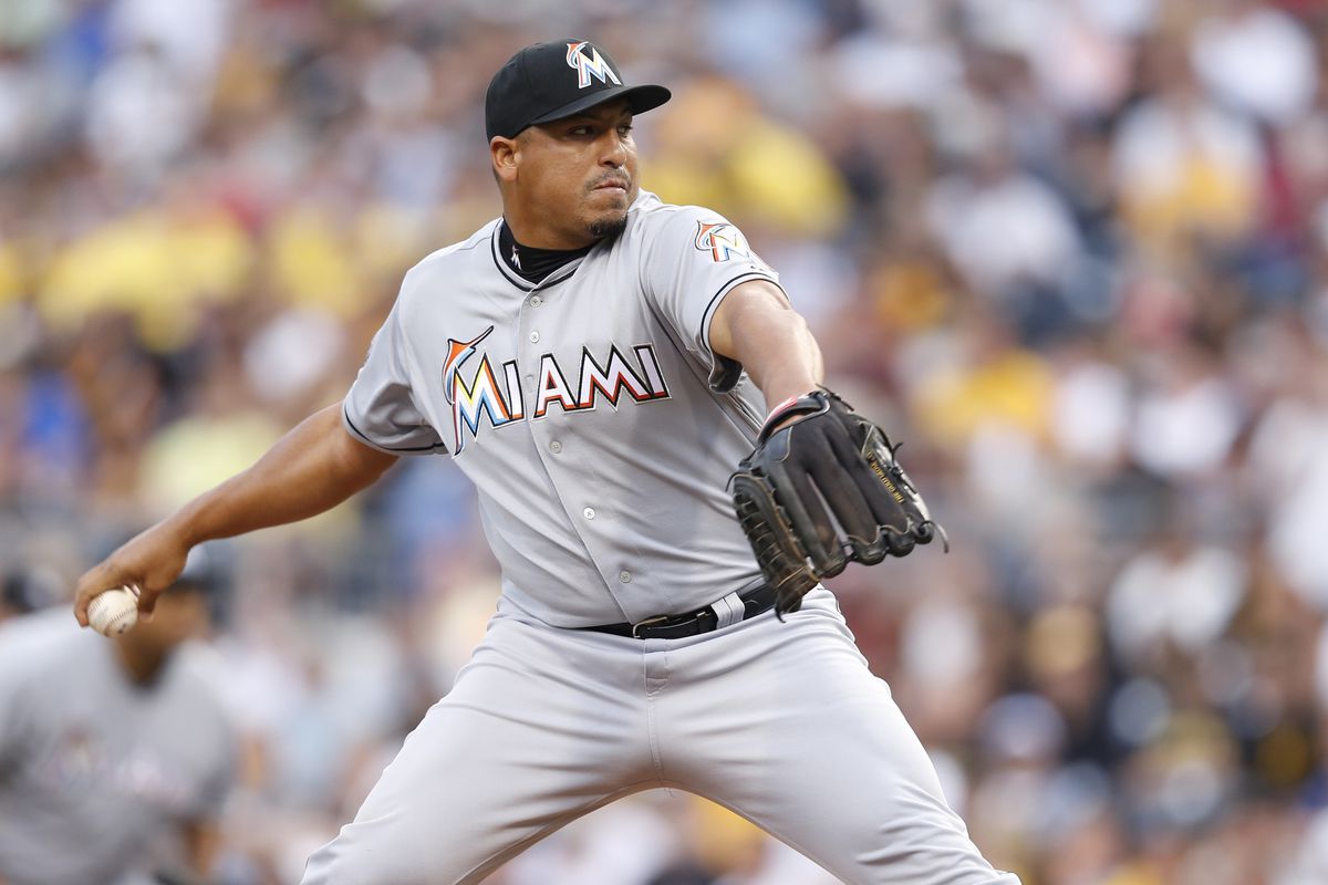 PITTSBURGH, PA - JULY 21: Carlos Zambrano #38 of the Miami Marlins pitches in the first inning of the game against the Pittsburgh Pirates at PNC Park on July 21, 2012 in Pittsburgh, Pennsylvania. (Photo by Joe Robbins/Getty Images)